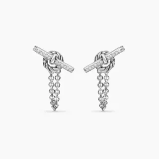 Silver-Tone Knot Motif Pavé Stone Chain Dangle Earrings