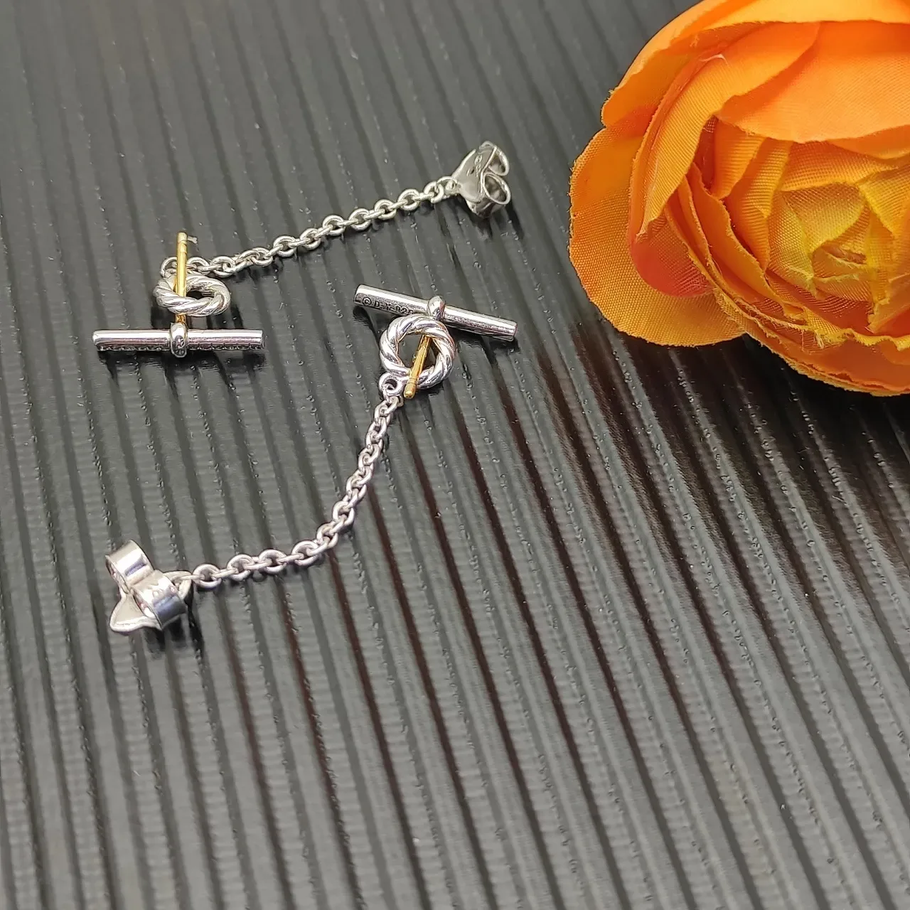 Silver-Tone Knot Motif Pavé Stone Chain Dangle Earrings 6
