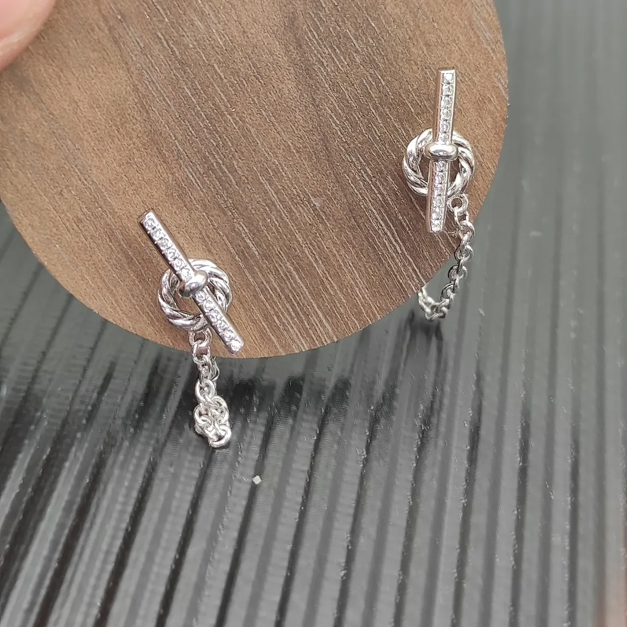 Silver-Tone Knot Motif Pavé Stone Chain Dangle Earrings 9