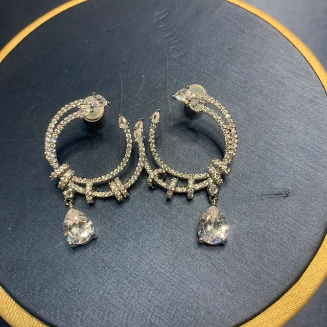 Silver-Tone Pavé Crystal Double Hoop Teardrop Drop Earrings 2