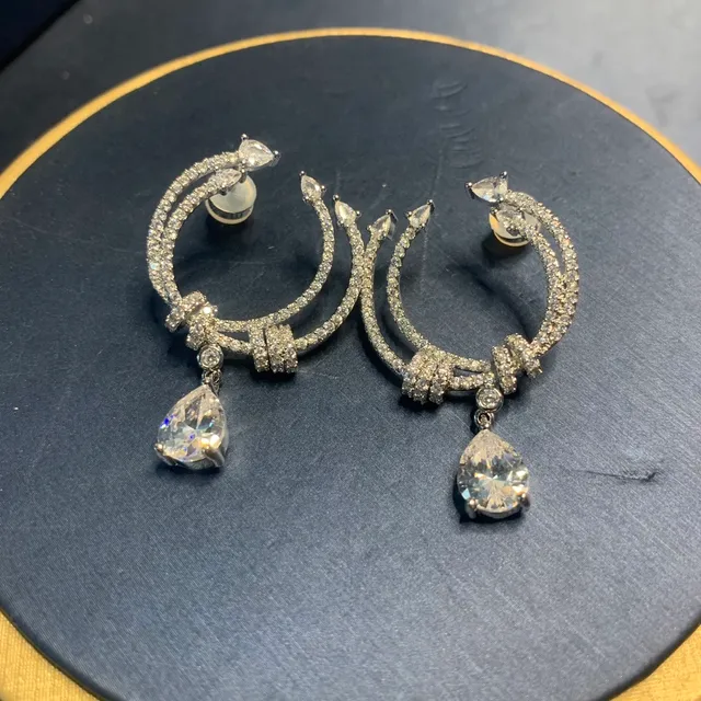 Silver-Tone Pavé Crystal Double Hoop Teardrop Drop Earrings 9