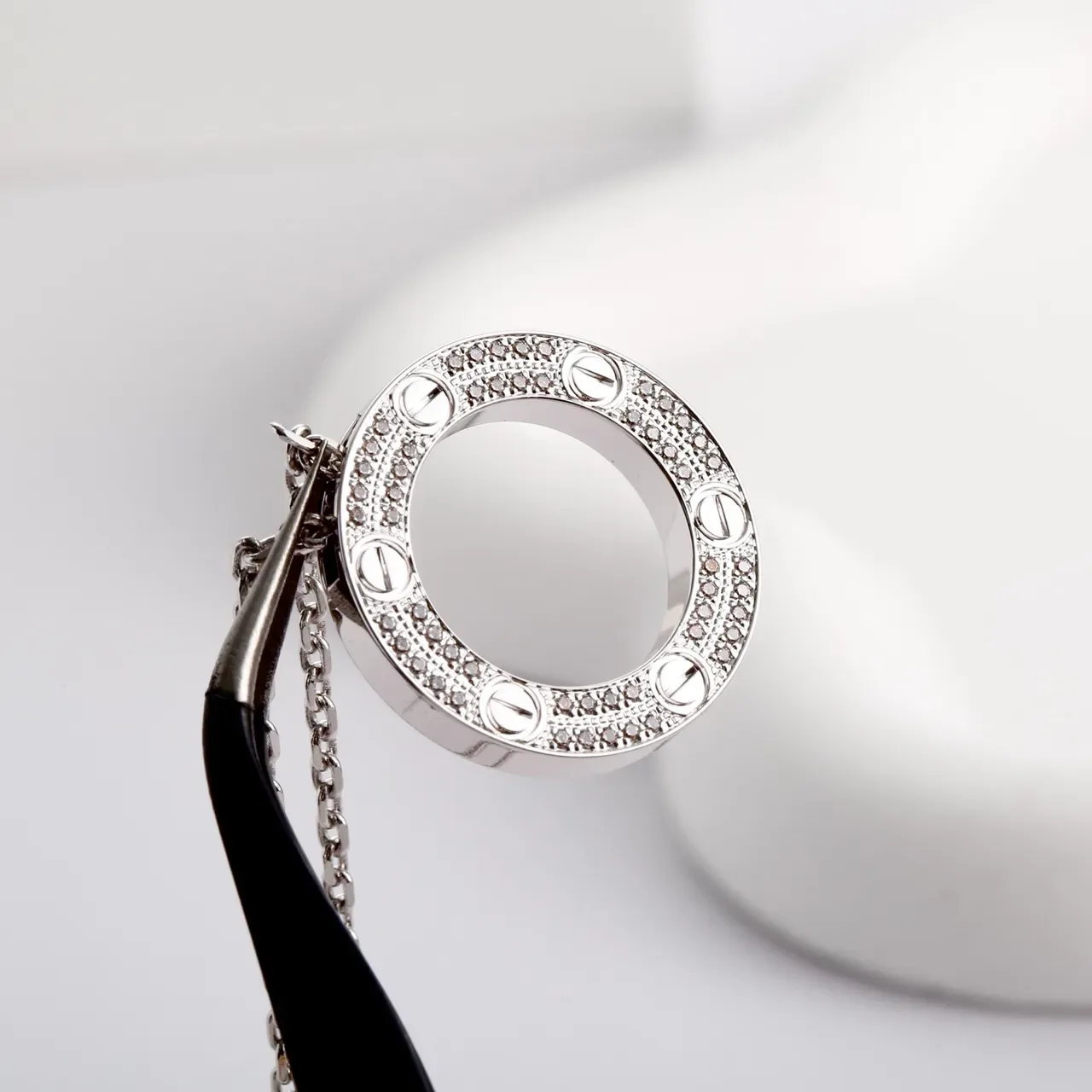 Silver-Tone Pavé Screw Motif Open Ring Pendant Necklace 6