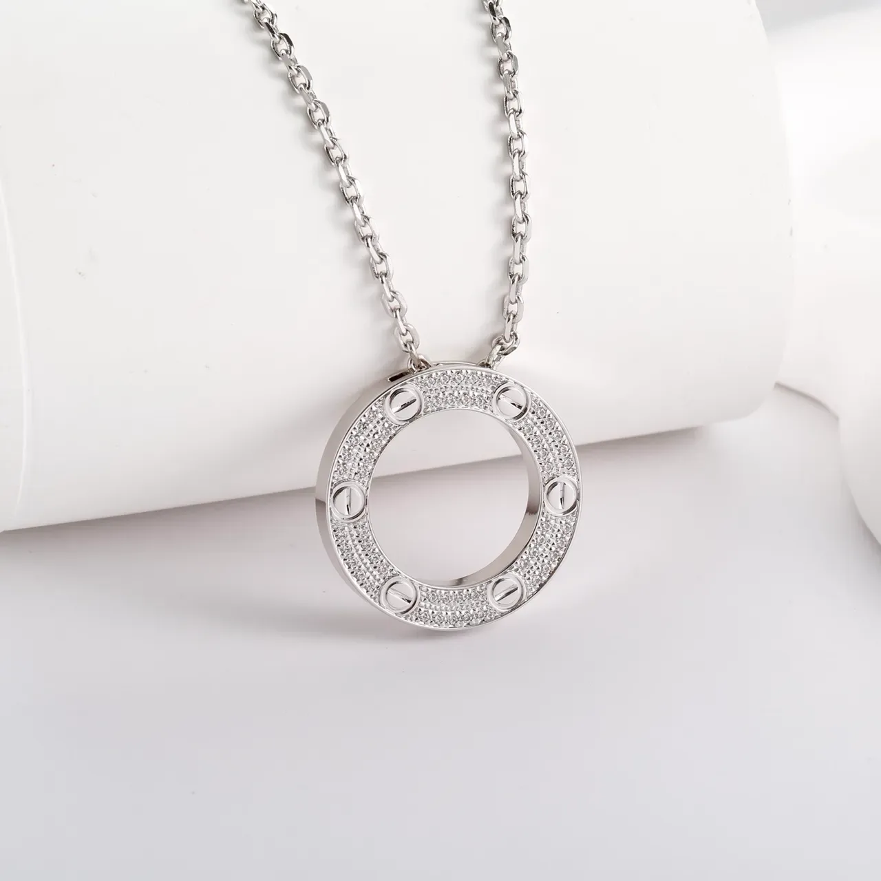 Silver-Tone Pavé Screw Motif Open Ring Pendant Necklace 7