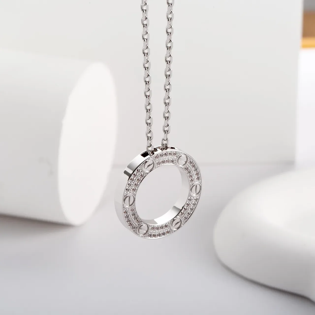 Silver-Tone Pavé Screw Motif Open Ring Pendant Necklace 9
