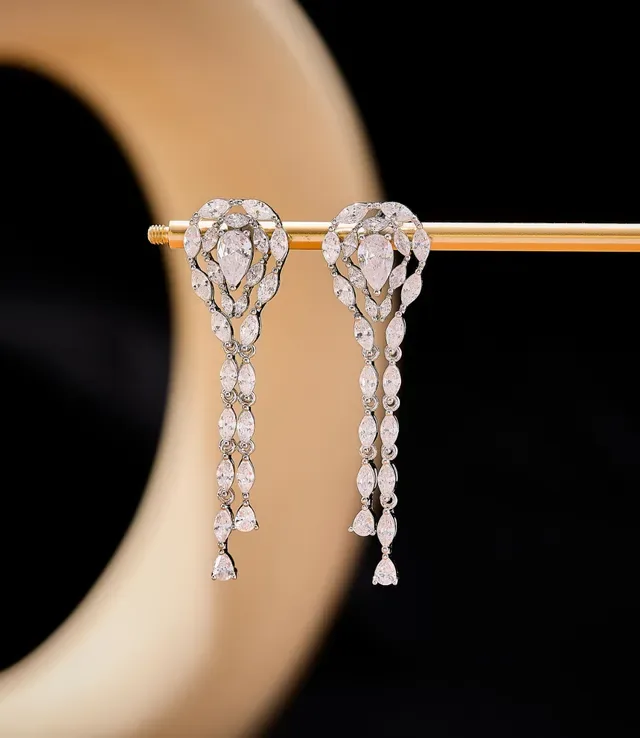 Silver-Toned Multi-Stone Teardrop Cascade Dangling Earrings 3