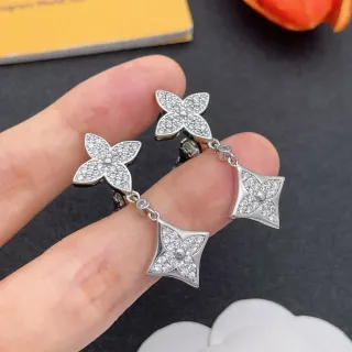 Silver Transparent Pavé-Set Floral Motif Dangling Square-and-Flower Design Earrings