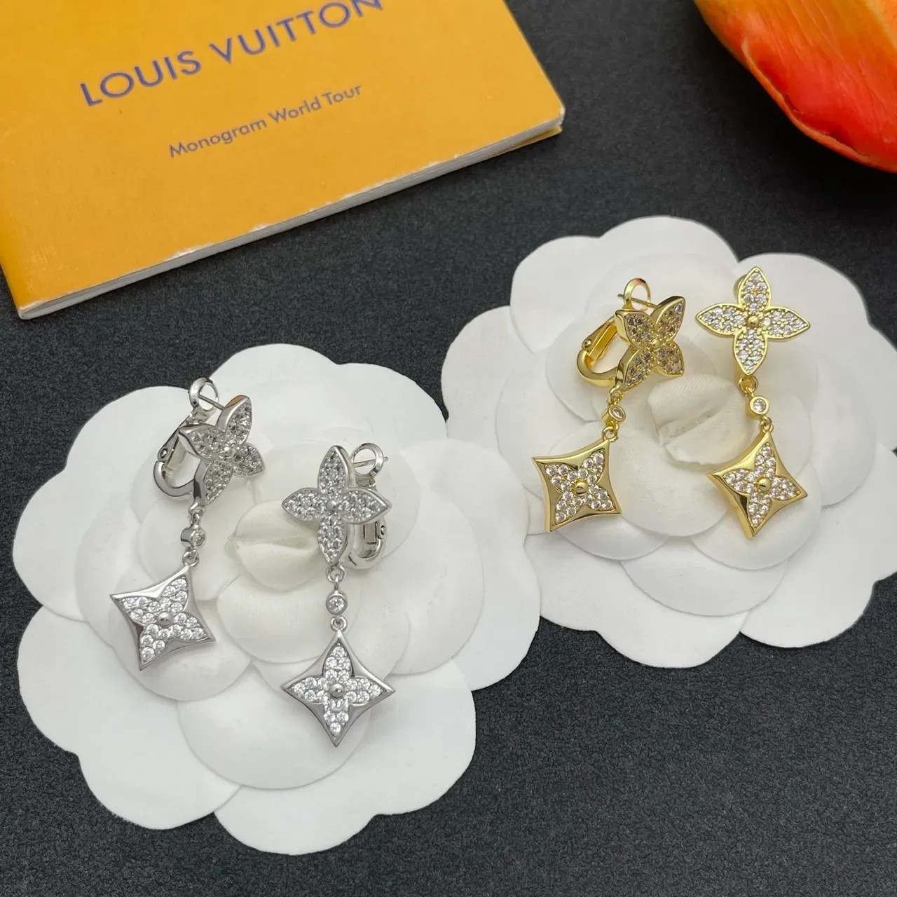Silver Transparent Pavé-Set Floral Motif Dangling Square-and-Flower Design Earrings 2