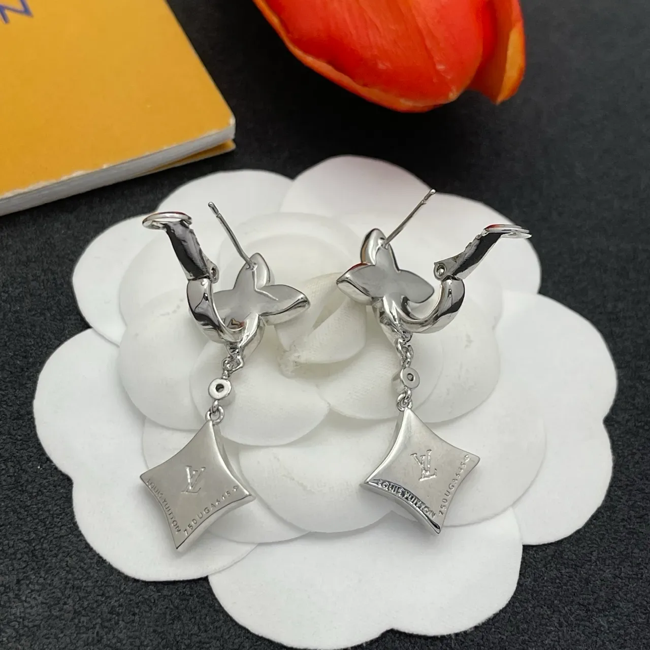 Silver Transparent Pavé-Set Floral Motif Dangling Square-and-Flower Design Earrings 3
