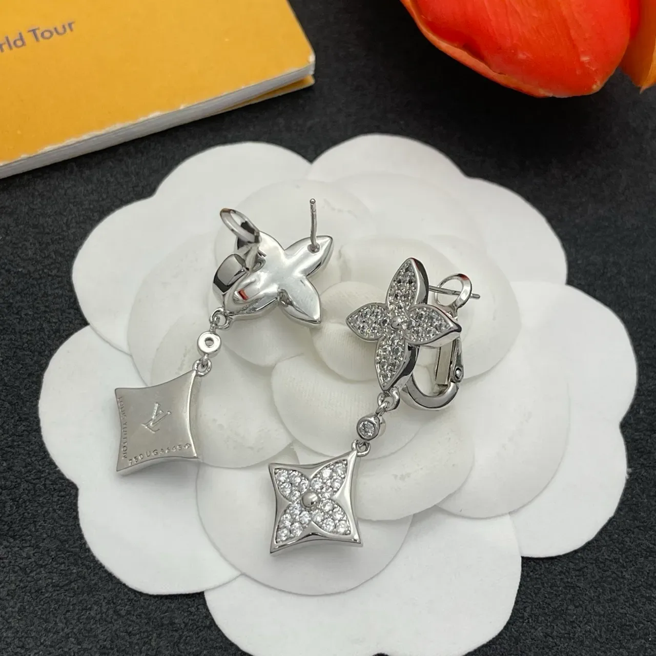 Silver Transparent Pavé-Set Floral Motif Dangling Square-and-Flower Design Earrings 5