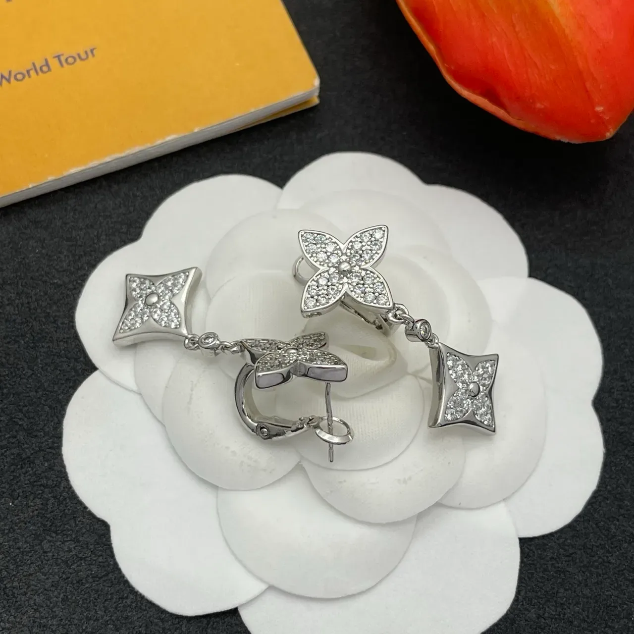 Silver Transparent Pavé-Set Floral Motif Dangling Square-and-Flower Design Earrings 6
