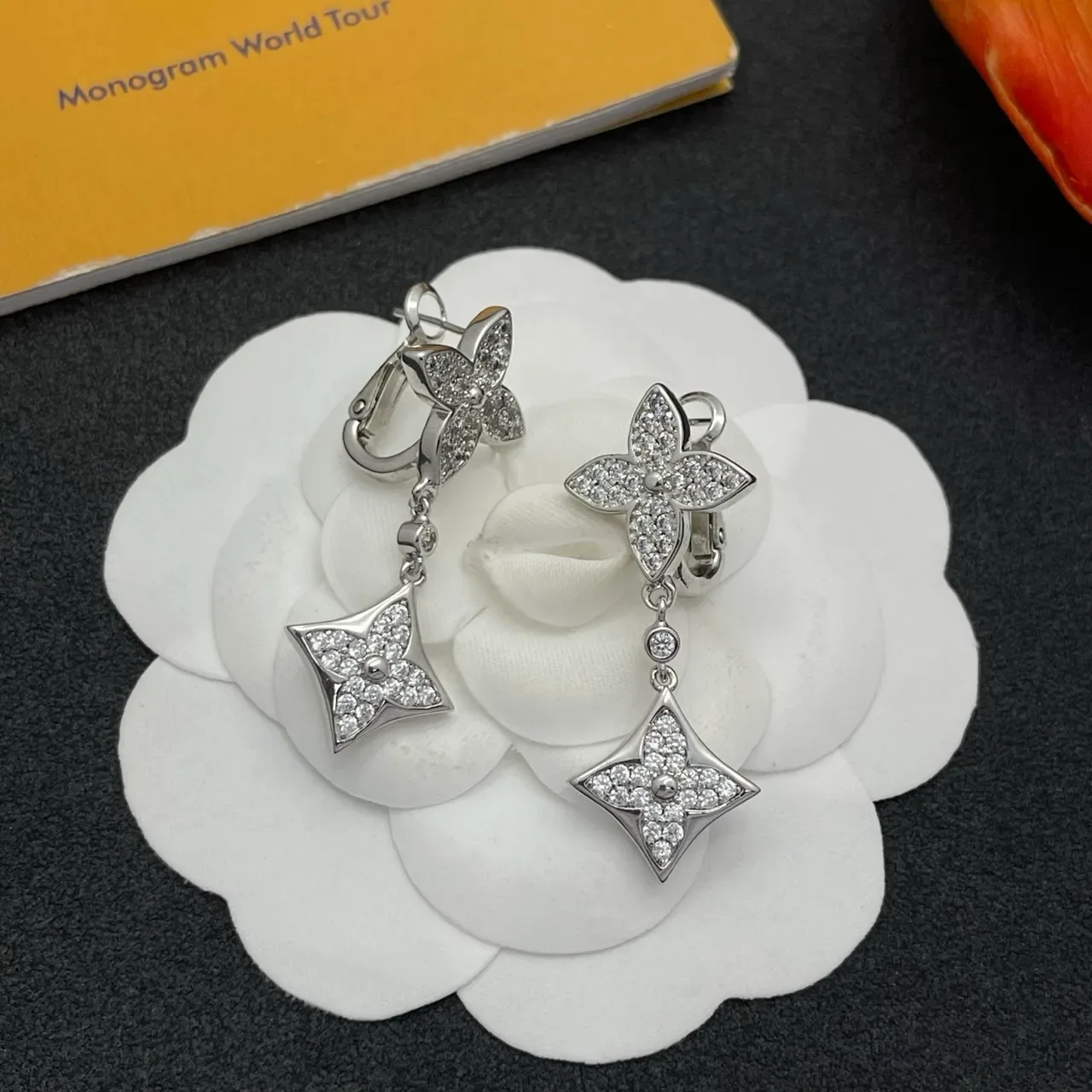 Silver Transparent Pavé-Set Floral Motif Dangling Square-and-Flower Design Earrings 7