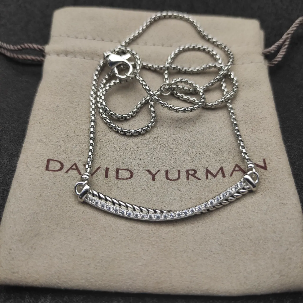 Silver White Curved Bar Pendant Pavé-Set Clear Stones Necklace 3
