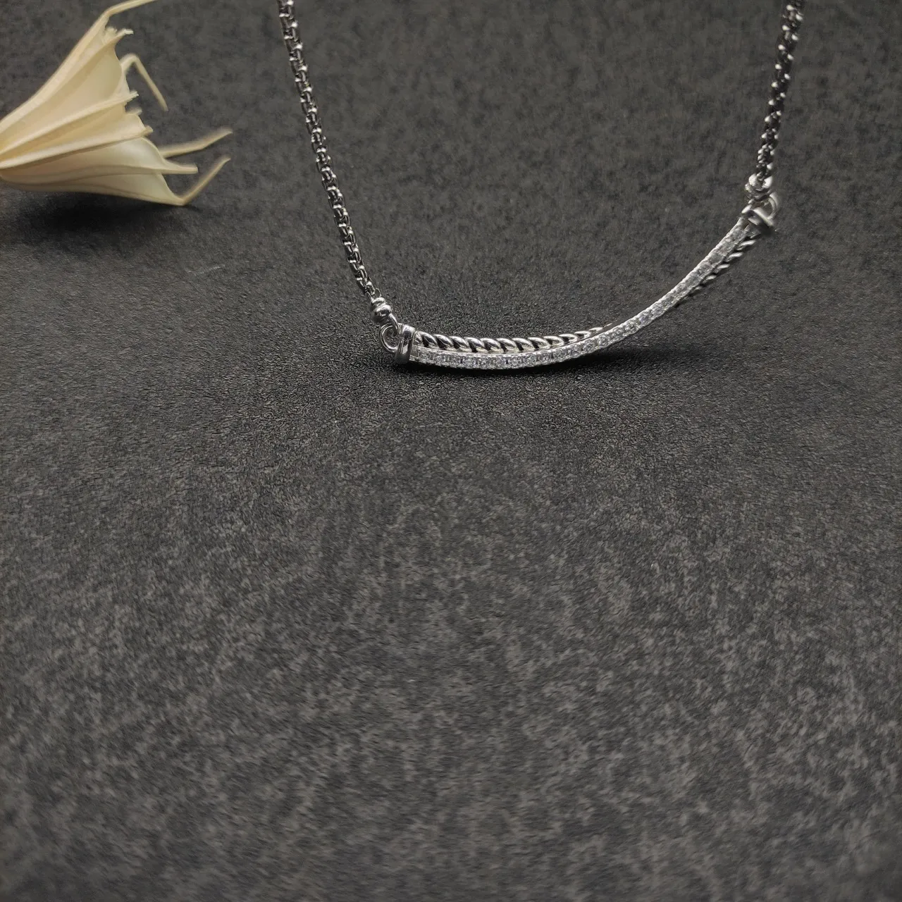 Silver White Curved Bar Pendant Pavé-Set Clear Stones Necklace 4