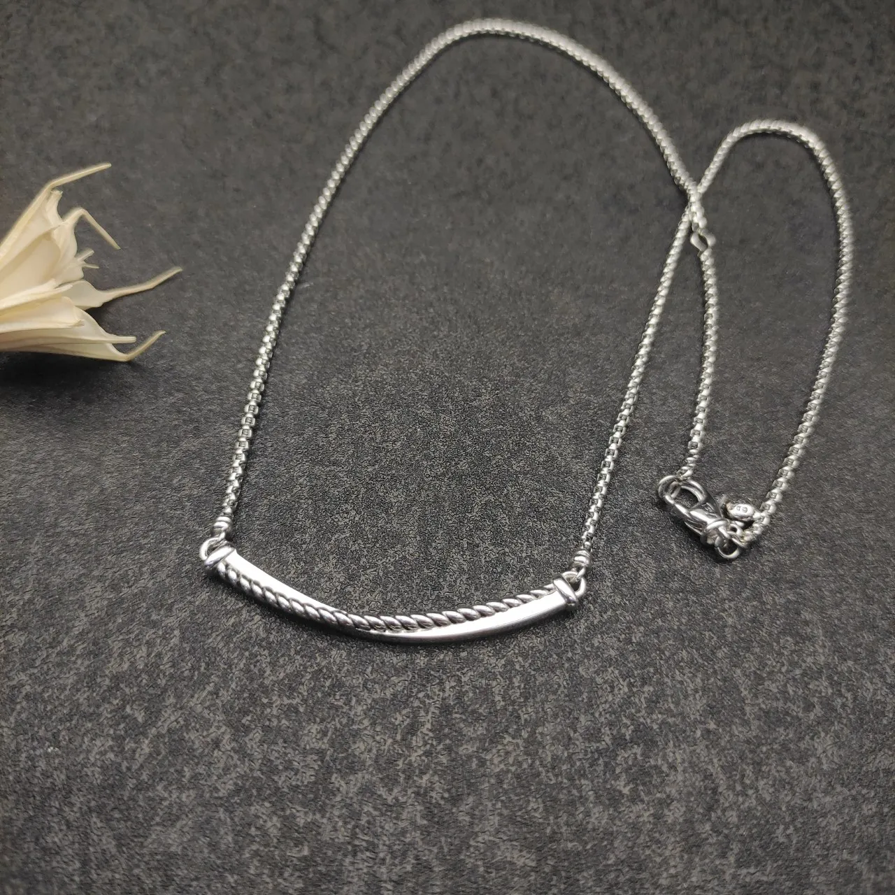 Silver White Curved Bar Pendant Pavé-Set Clear Stones Necklace 5