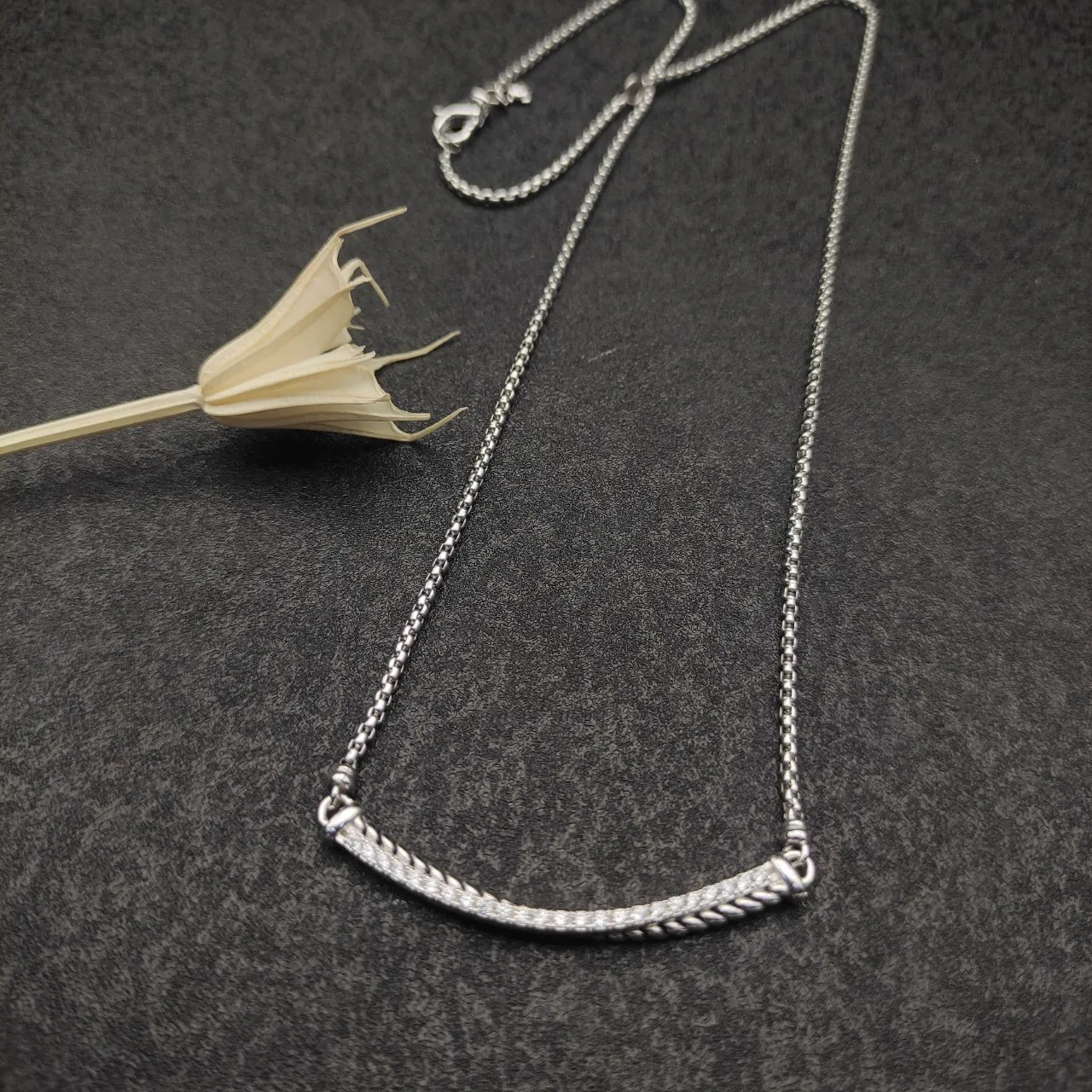 Silver White Curved Bar Pendant Pavé-Set Clear Stones Necklace 6