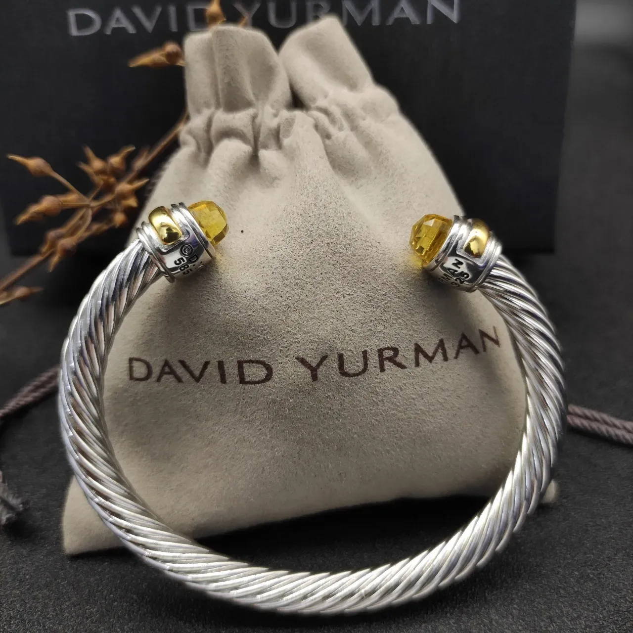 Silver Yellow Twisted Cable Faceted Stone Ends Bracelet 5