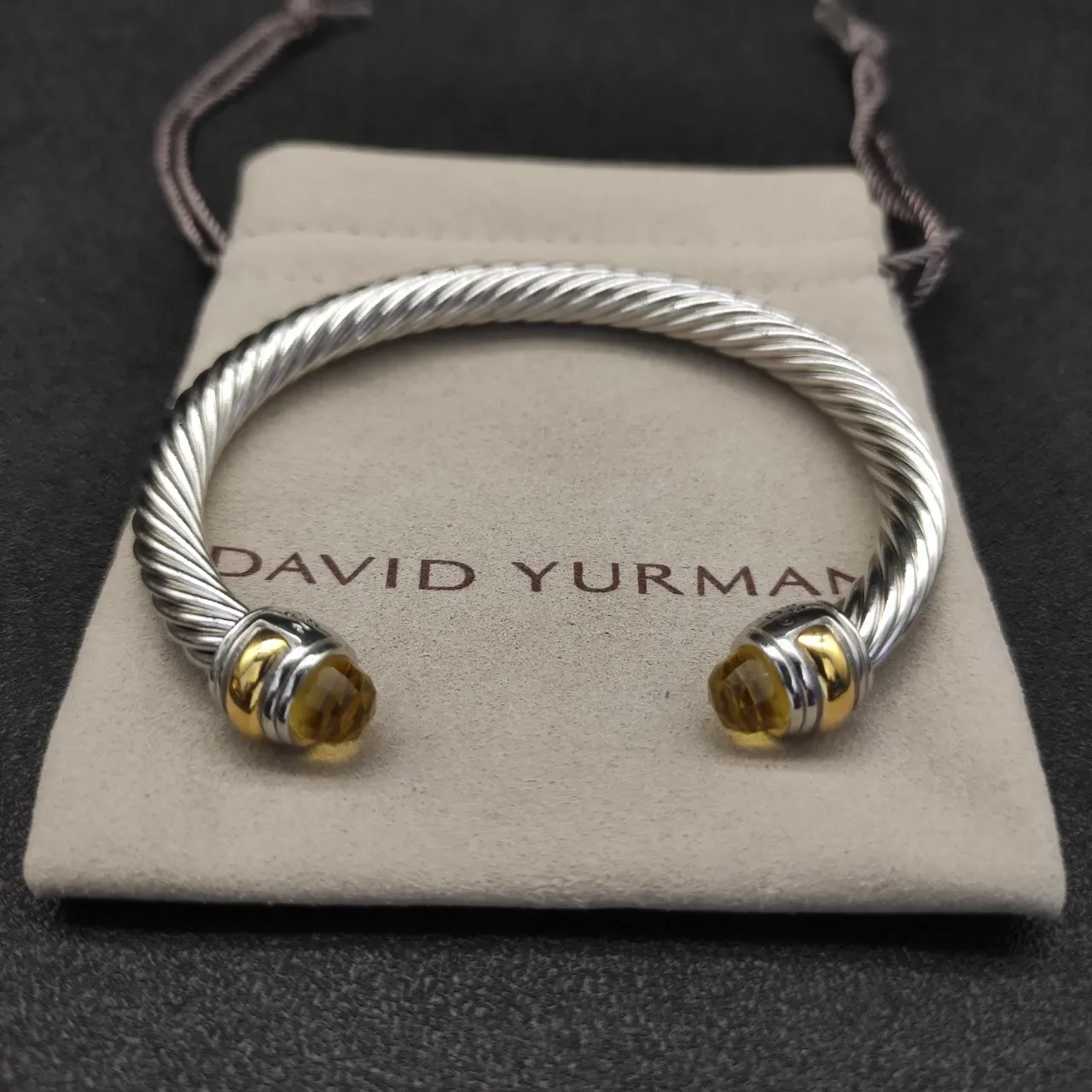 Silver Yellow Twisted Cable Faceted Stone Ends Bracelet 6