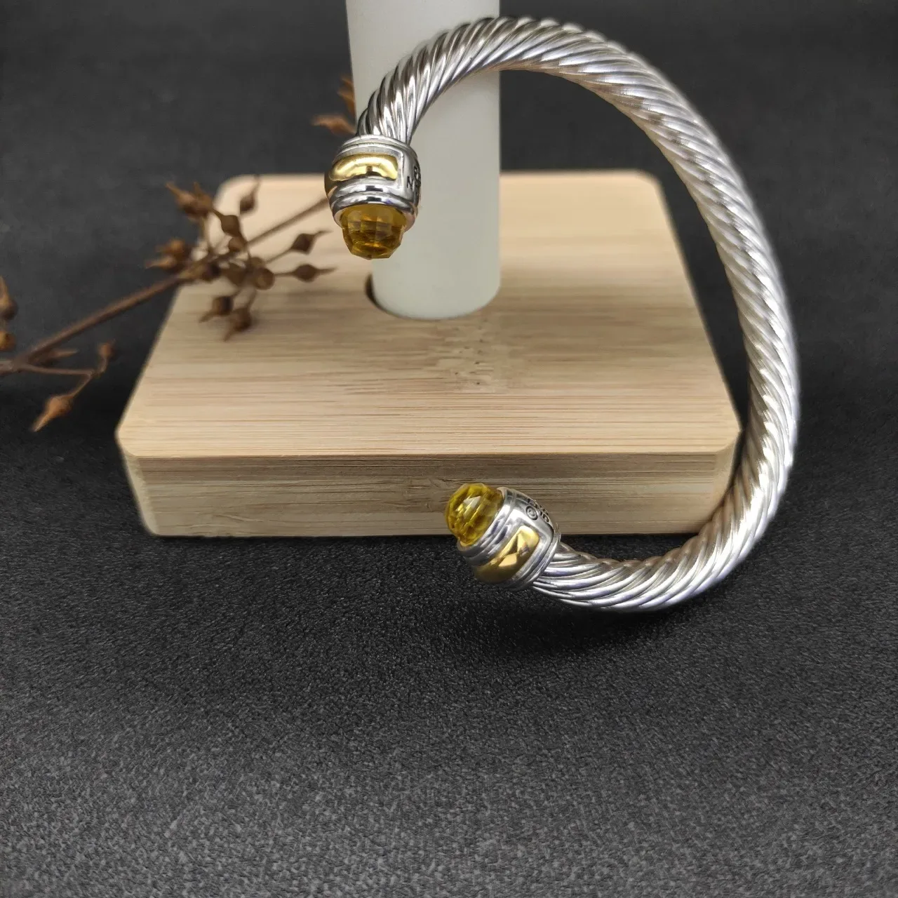 Silver Yellow Twisted Cable Faceted Stone Ends Bracelet 8
