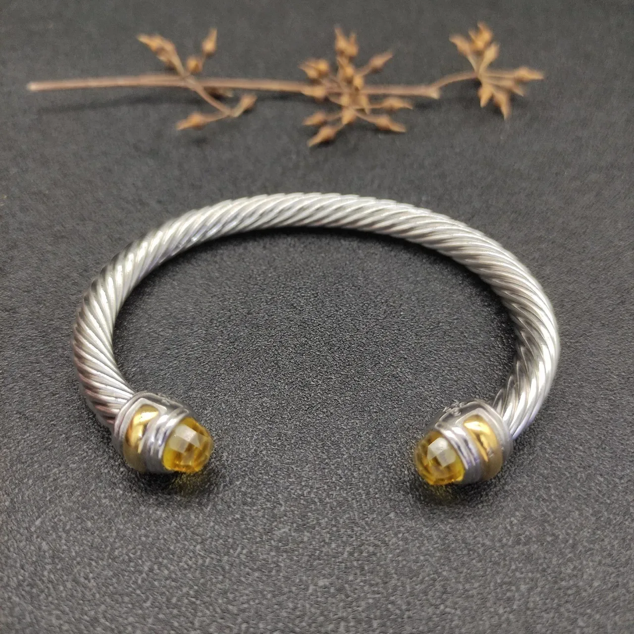 Silver Yellow Twisted Cable Faceted Stone Ends Bracelet 9