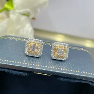 Square-Cut Double Halo Two-Tone Stud Earrings