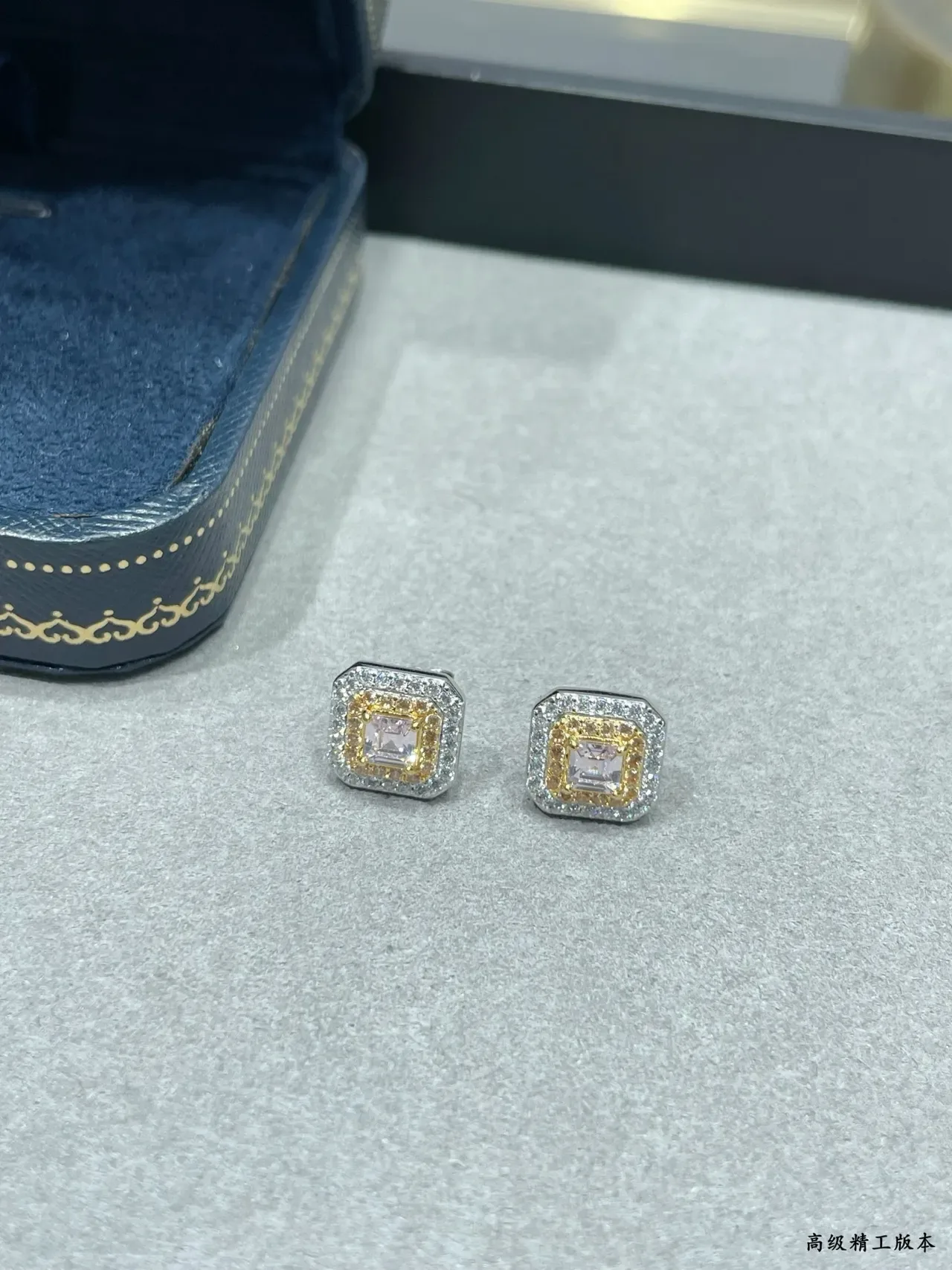 Square-Cut Double Halo Two-Tone Stud Earrings 4