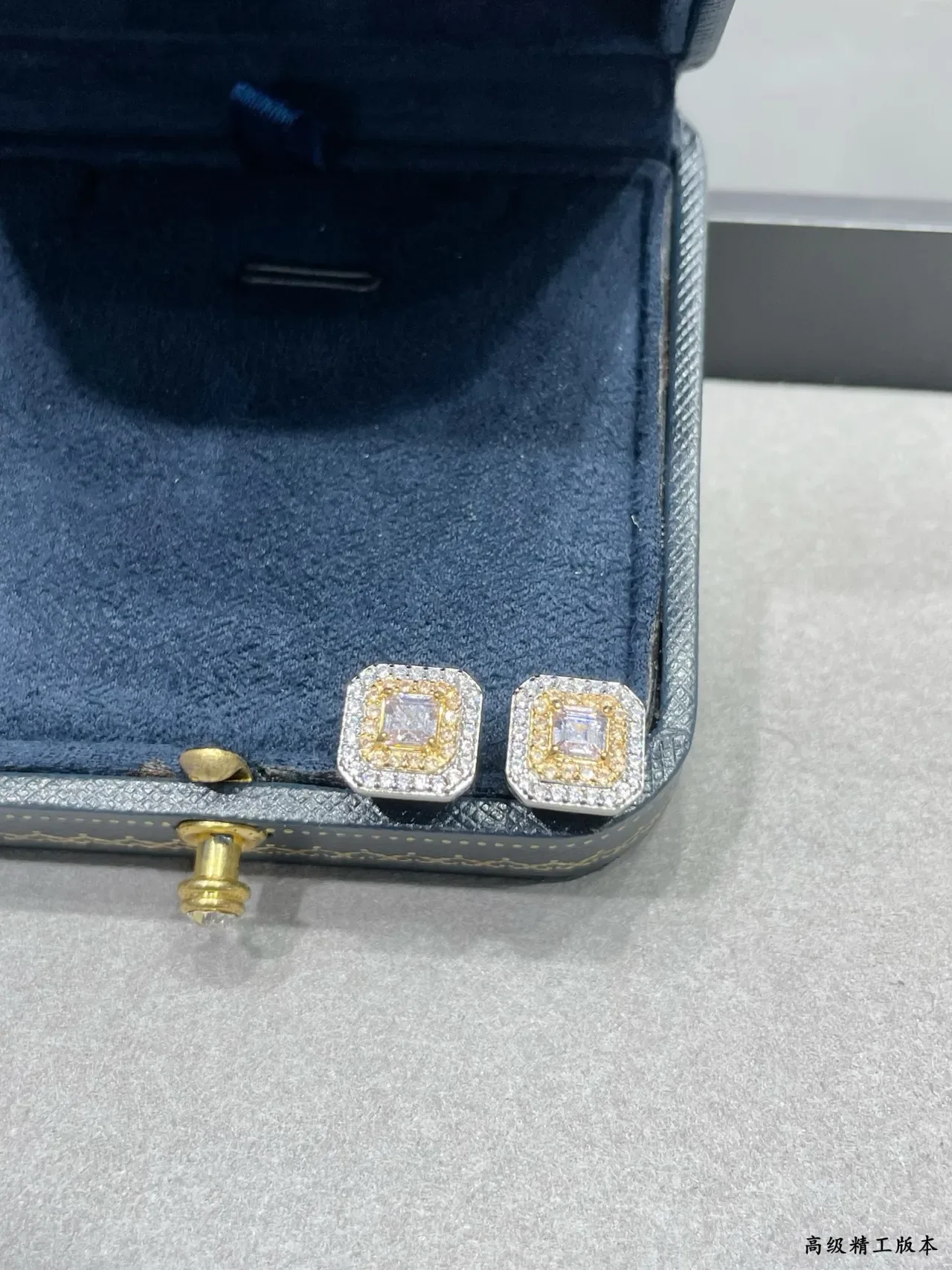 Square-Cut Double Halo Two-Tone Stud Earrings 6