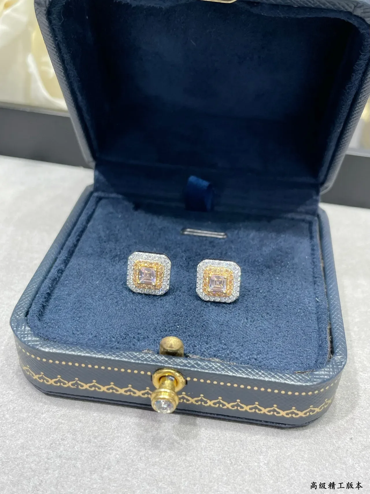 Square-Cut Double Halo Two-Tone Stud Earrings 8