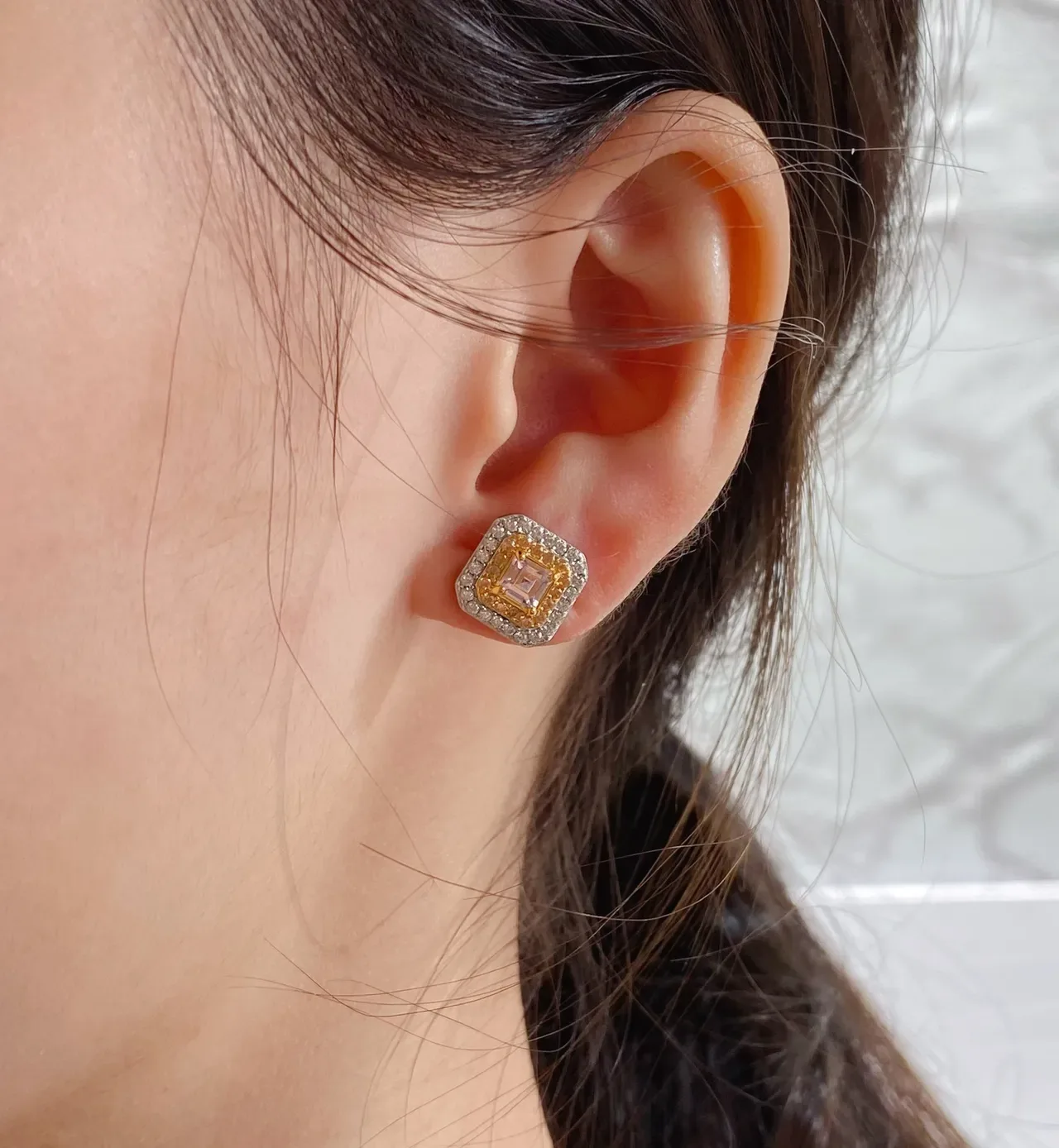 Square-Cut Double Halo Two-Tone Stud Earrings 9