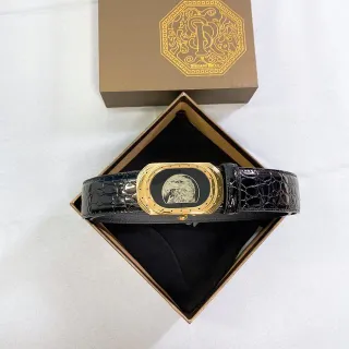Stefano Ricci Black Gold Glossy Crocodile-Embossed Ornate Oval Buckle Leather Belt