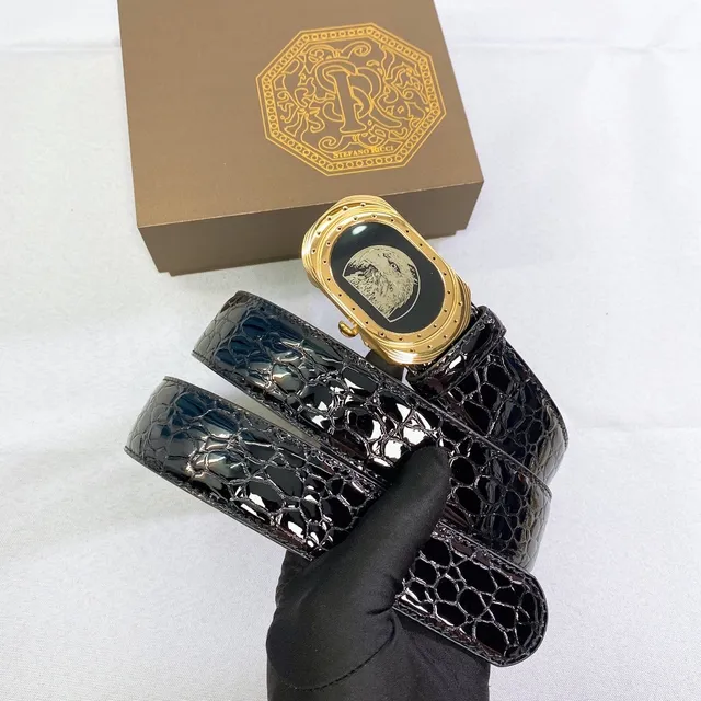 Stefano Ricci Black Gold Glossy Crocodile-Embossed Ornate Oval Buckle Leather Belt 2