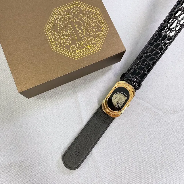 Stefano Ricci Black Gold Glossy Crocodile-Embossed Ornate Oval Buckle Leather Belt 4