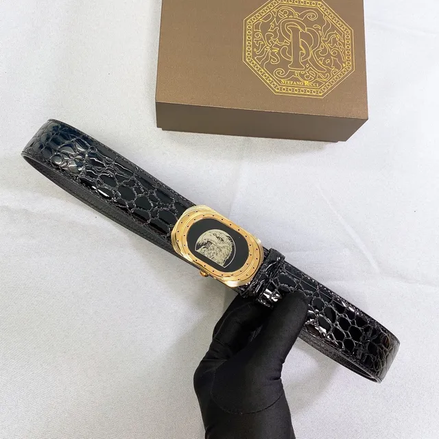 Stefano Ricci Black Gold Glossy Crocodile-Embossed Ornate Oval Buckle Leather Belt 5