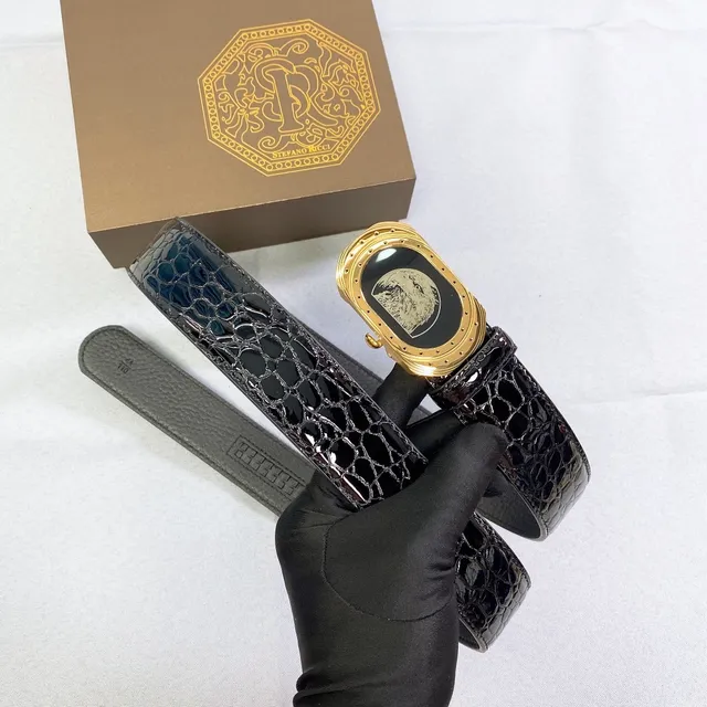 Stefano Ricci Black Gold Glossy Crocodile-Embossed Ornate Oval Buckle Leather Belt 6