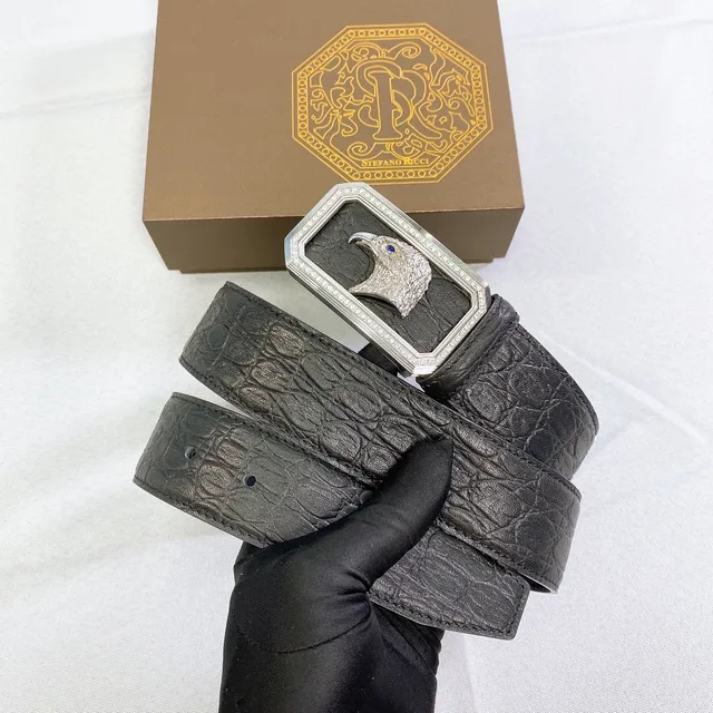 Stefano Ricci Eagle Head Pavé Buckle Black Crocodile Leather Belt 3