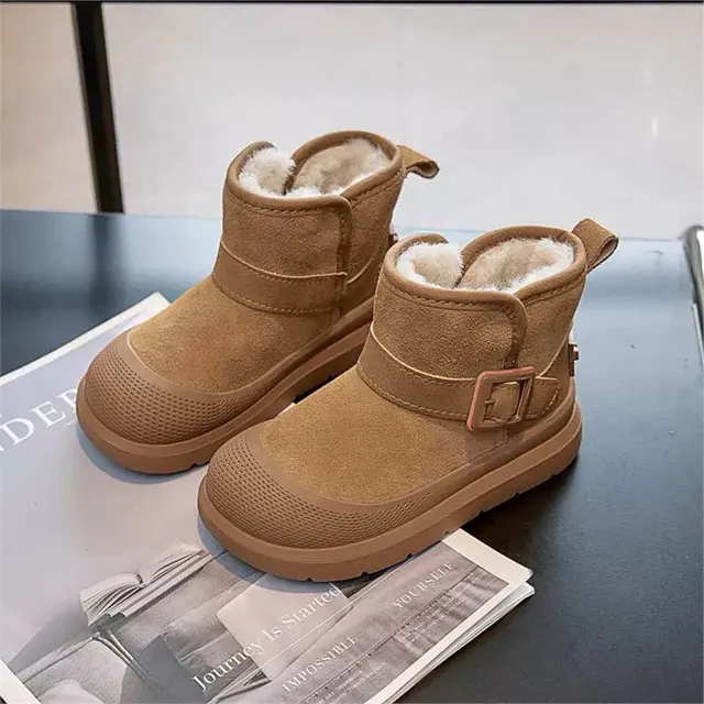 Tan Suede Shearling-Lined Buckle Strap Snow Boots 2