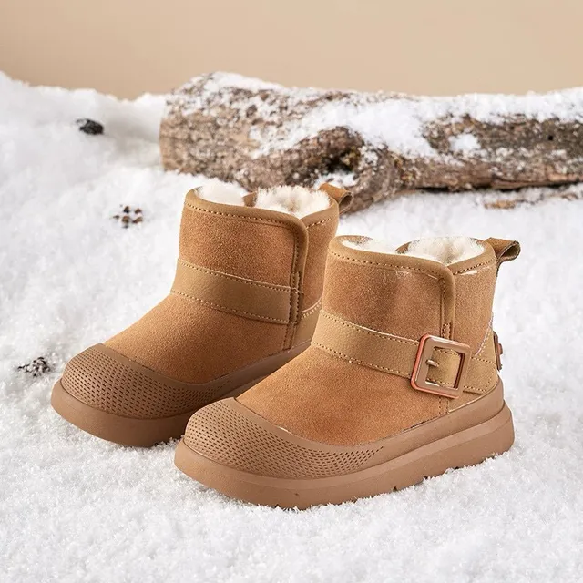 Tan Suede Shearling-Lined Buckle Strap Snow Boots 3