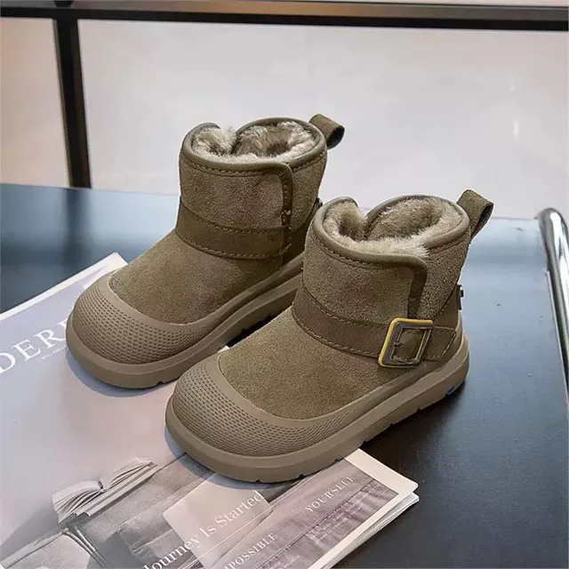 Tan Suede Shearling-Lined Buckle Strap Snow Boots 4