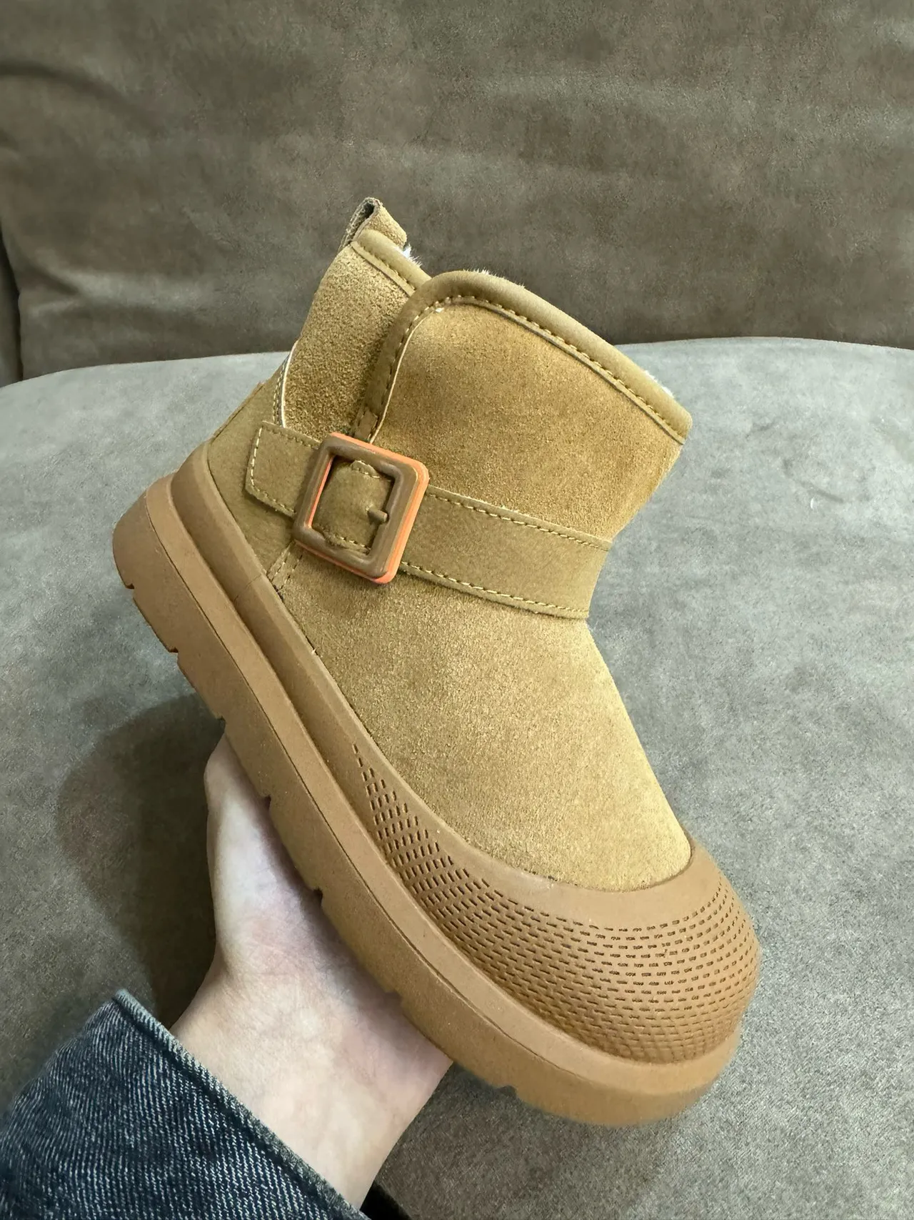 Tan Suede Shearling-Lined Buckle Strap Snow Boots 8