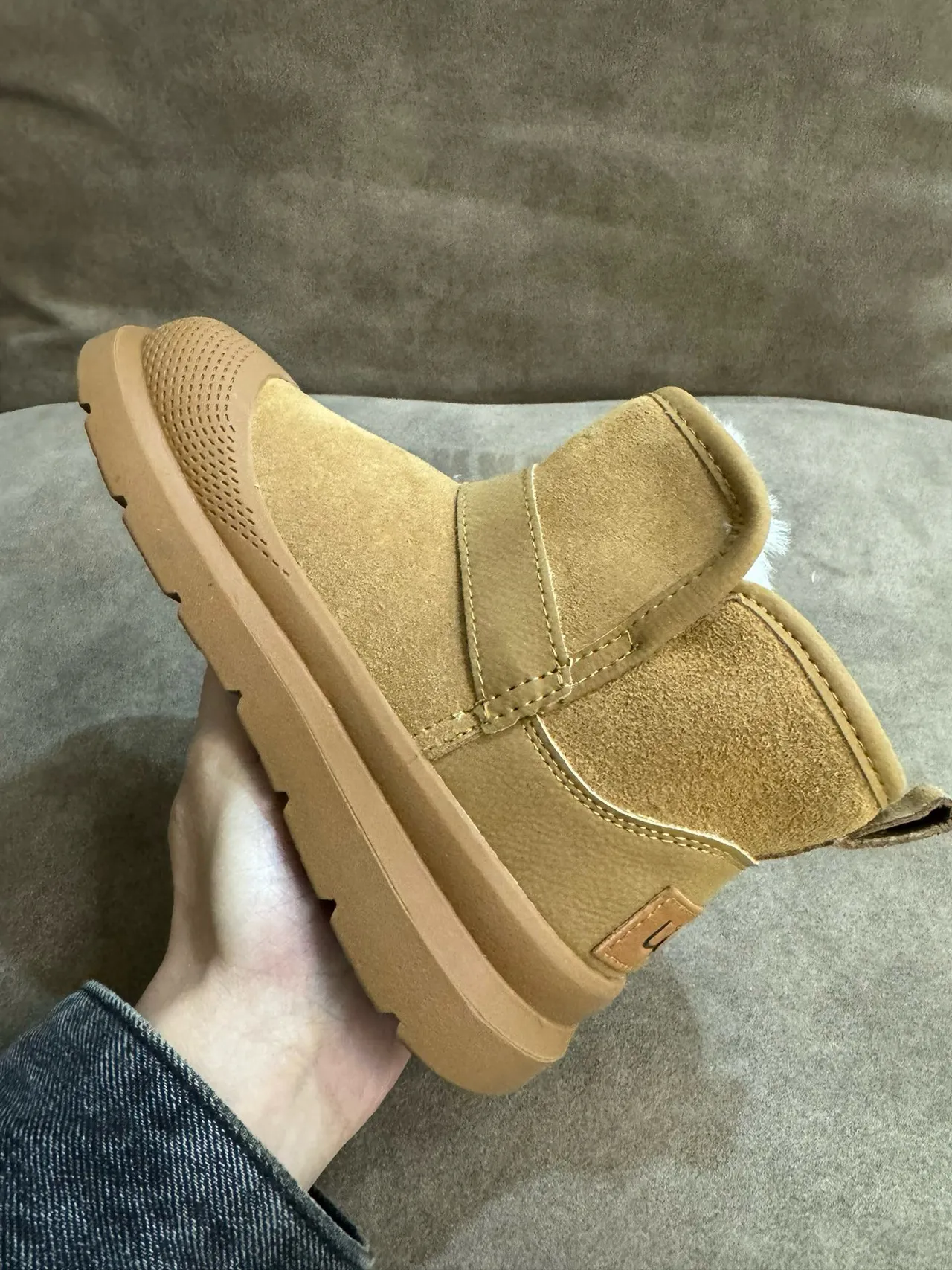 Tan Suede Shearling-Lined Buckle Strap Snow Boots 9