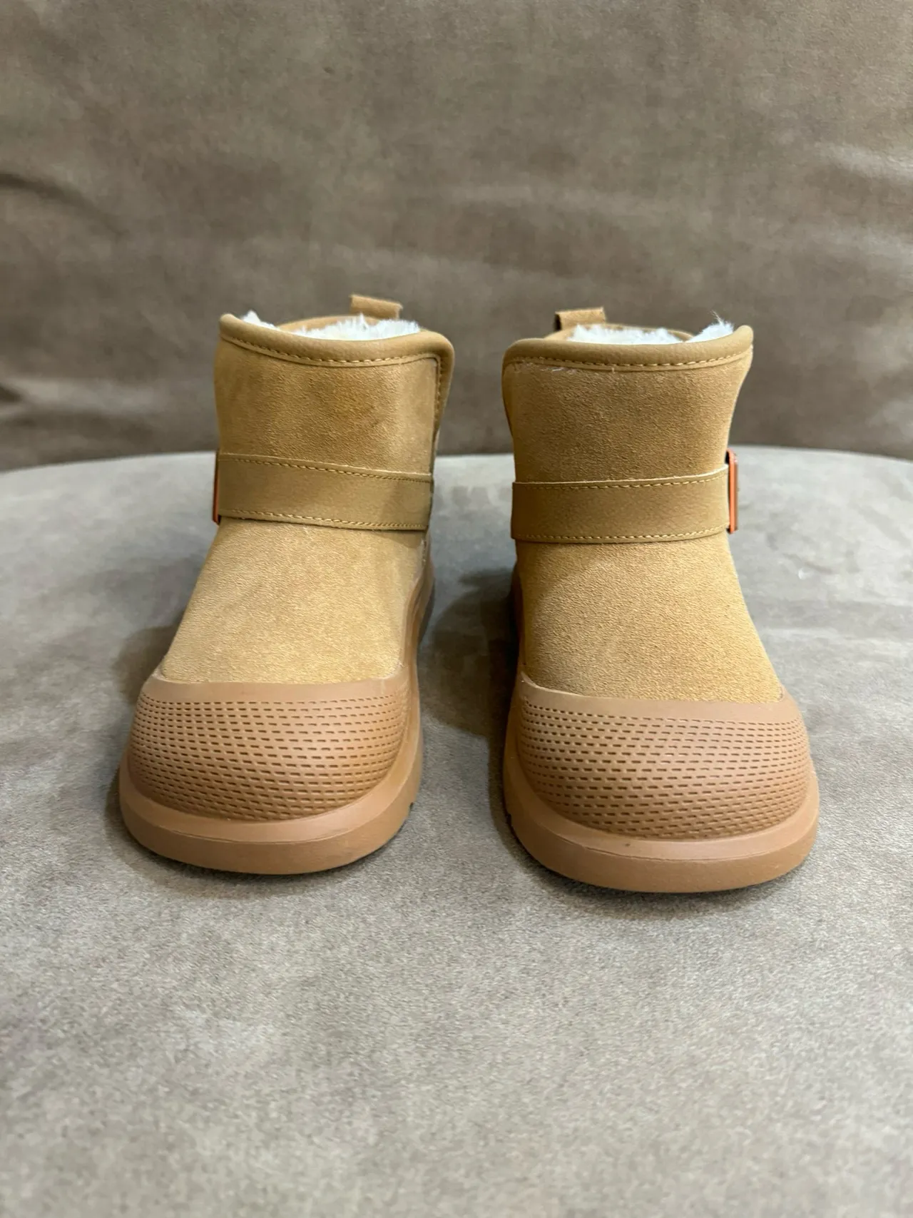 Tan Suede Shearling-Lined Buckle Strap Snow Boots 10