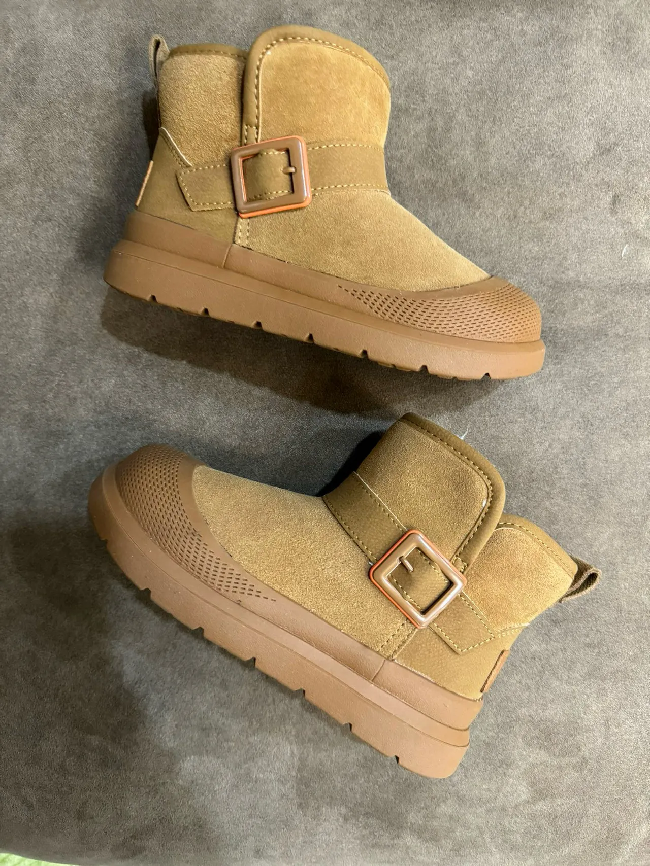 Tan Suede Shearling-Lined Buckle Strap Snow Boots 12