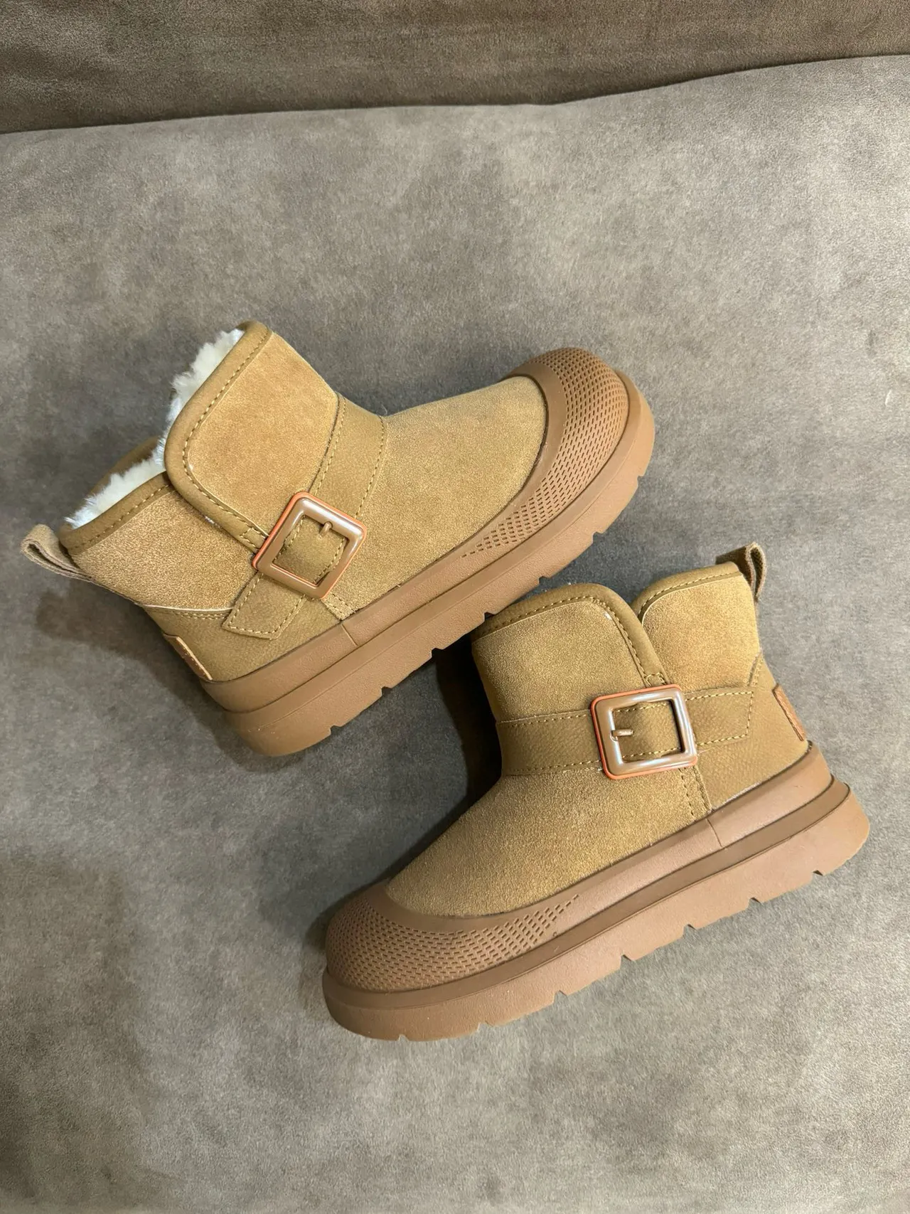 Tan Suede Shearling-Lined Buckle Strap Snow Boots 13