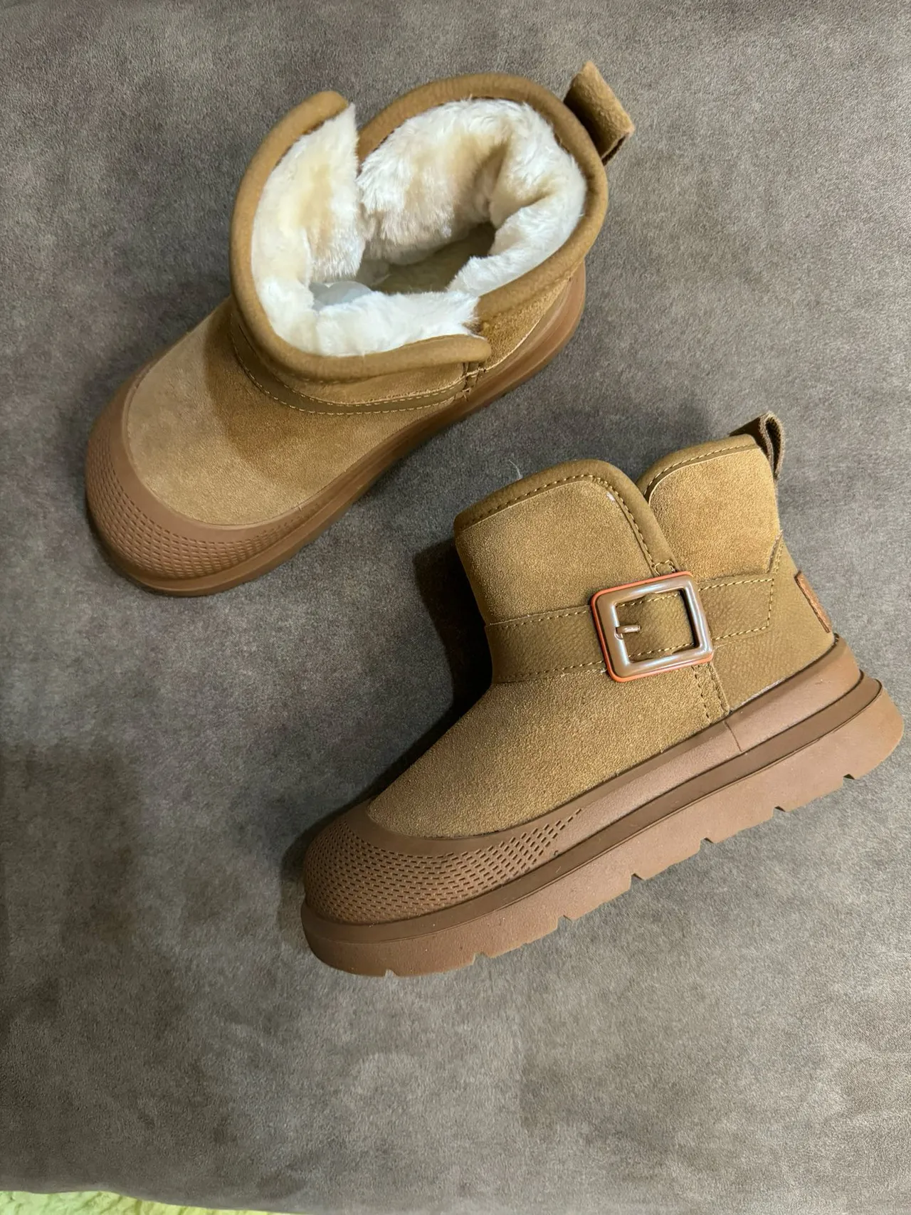Tan Suede Shearling-Lined Buckle Strap Snow Boots 14