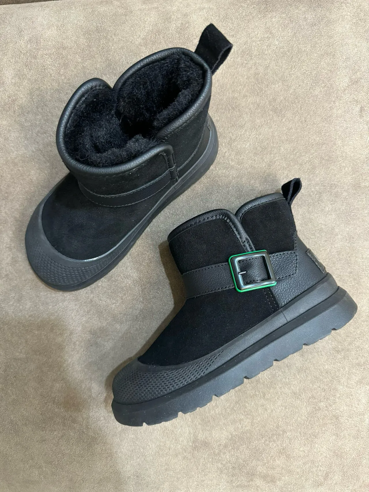 Tan Suede Shearling-Lined Buckle Strap Snow Boots 23