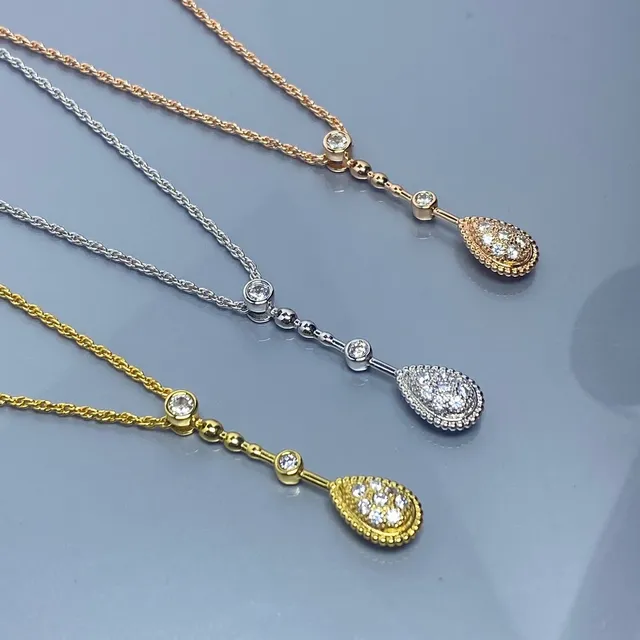 Three-Tone Teardrop Pavé Pendant Necklaces 2