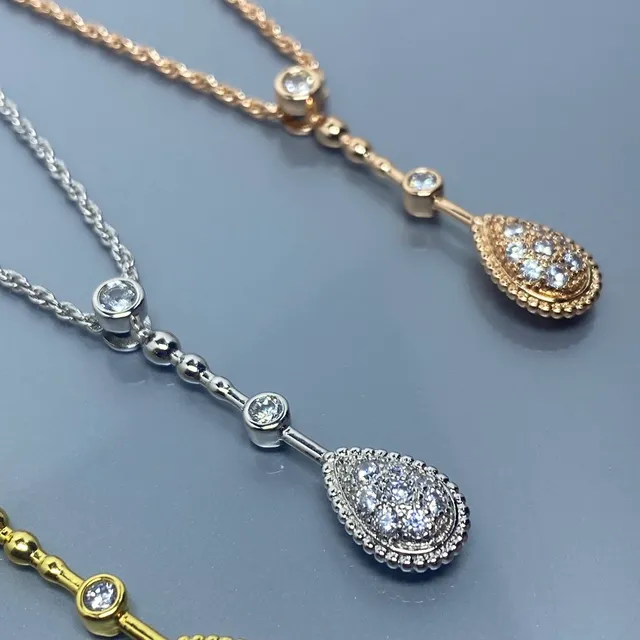 Three-Tone Teardrop Pavé Pendant Necklaces 3