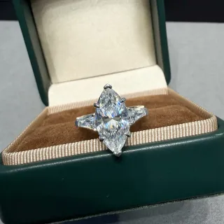 Transparent Silver Marquise-Cut Center Stone Tapered Baguette Side Stones Ring