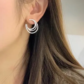 Triple Crescent Pavé-Set Silver-Tone Huggie Earrings