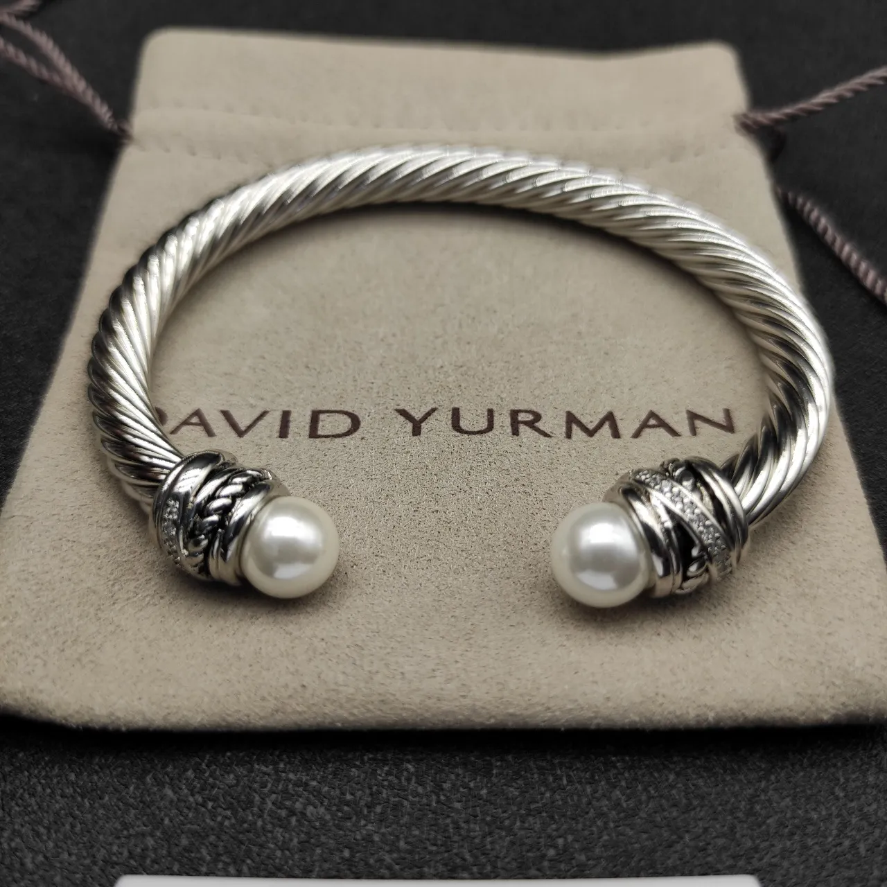 Twisted Cable Pearl-Terminal Open Bangle Bracelet 5