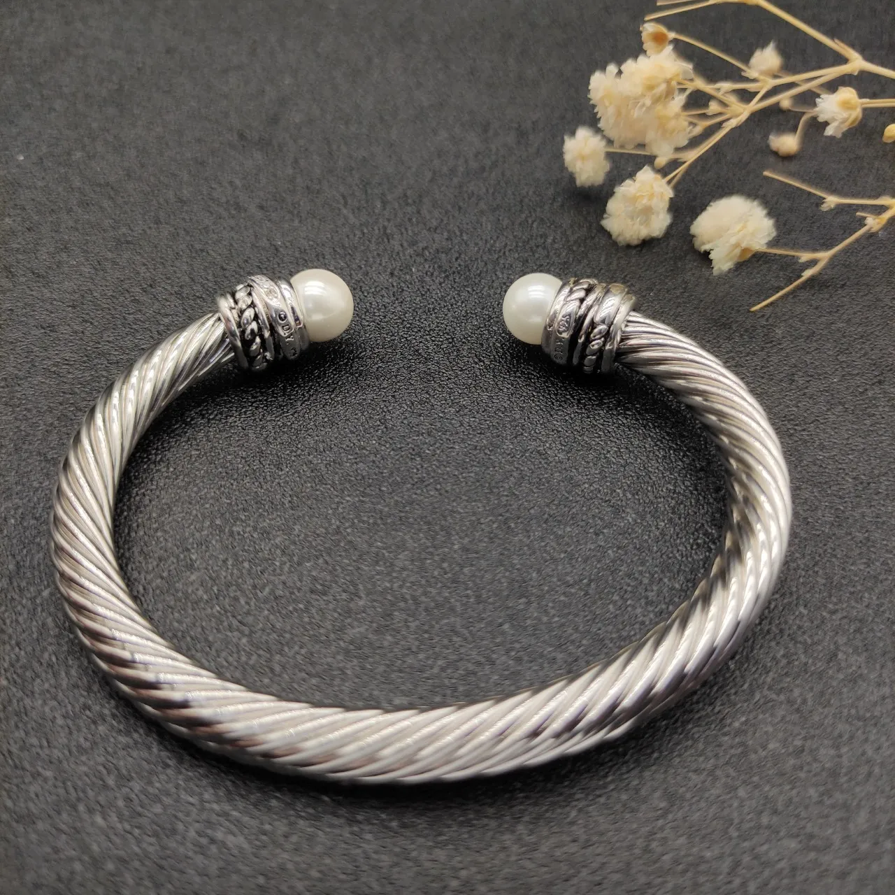 Twisted Cable Pearl-Terminal Open Bangle Bracelet 6